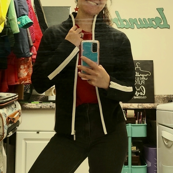 A|Line Black with White Stripe Long-Sleeve Zip-Up Collared Cardigan Sweater - PL - Picture 2 of 11